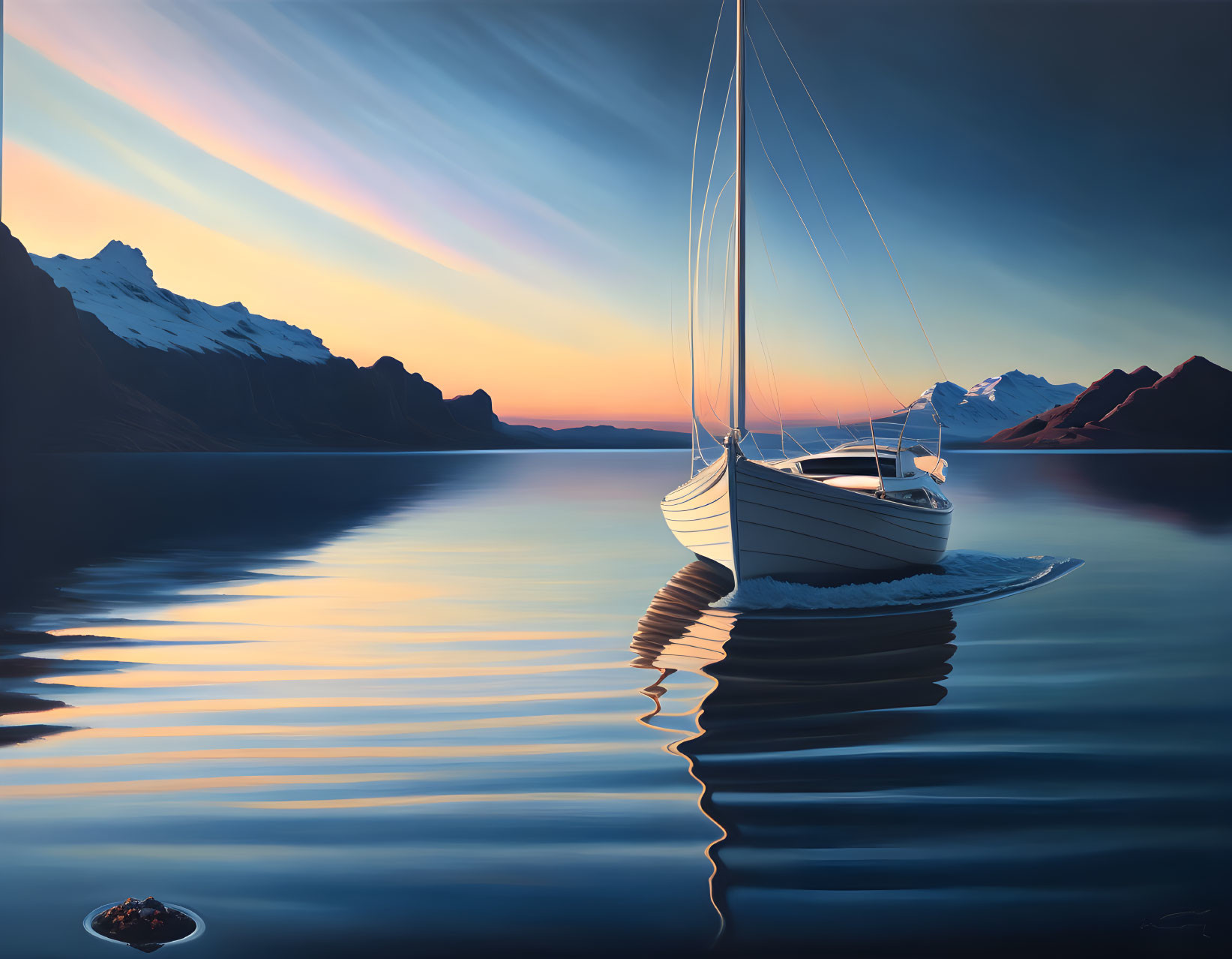 Tranquil sailboat on calm waters with twilight sky and mountain silhouettes