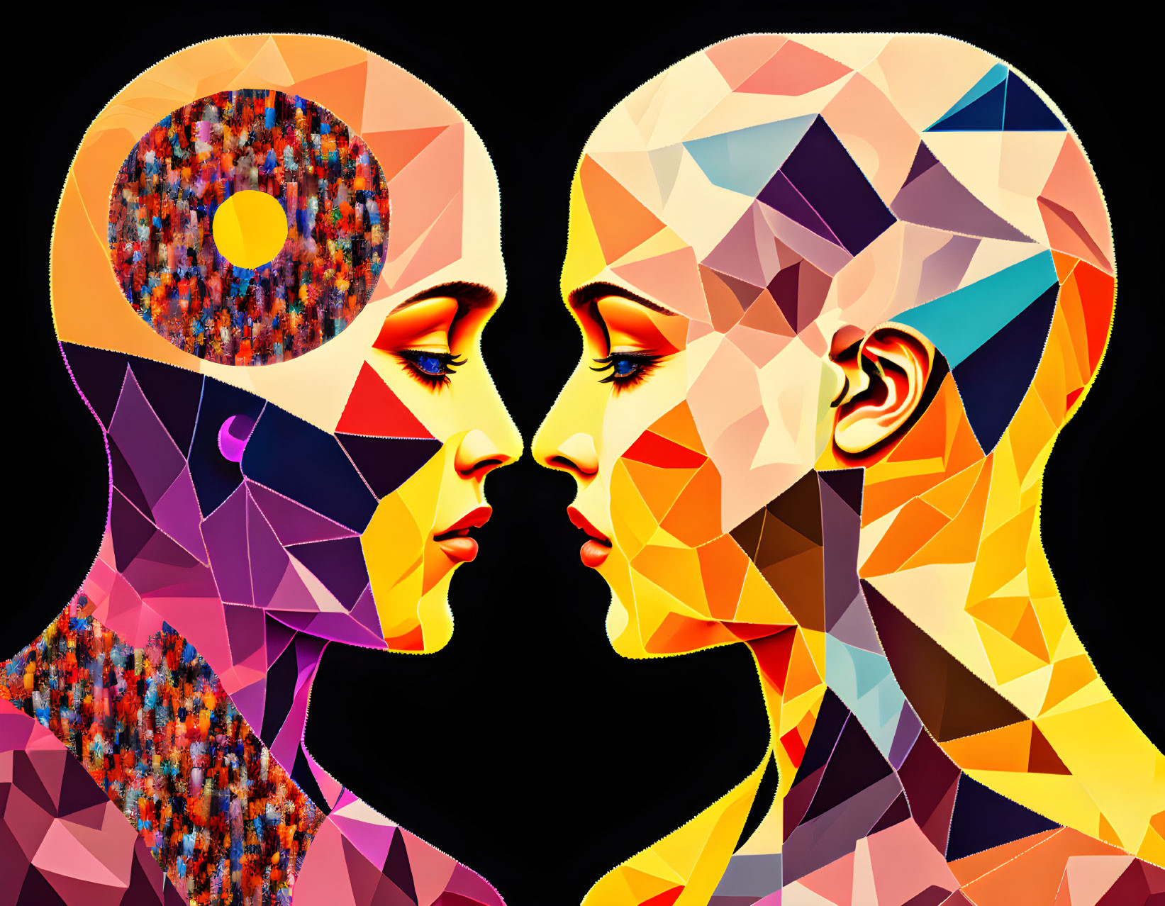 Vibrant geometric illustration of two faces in profile with abstract patterns on black background