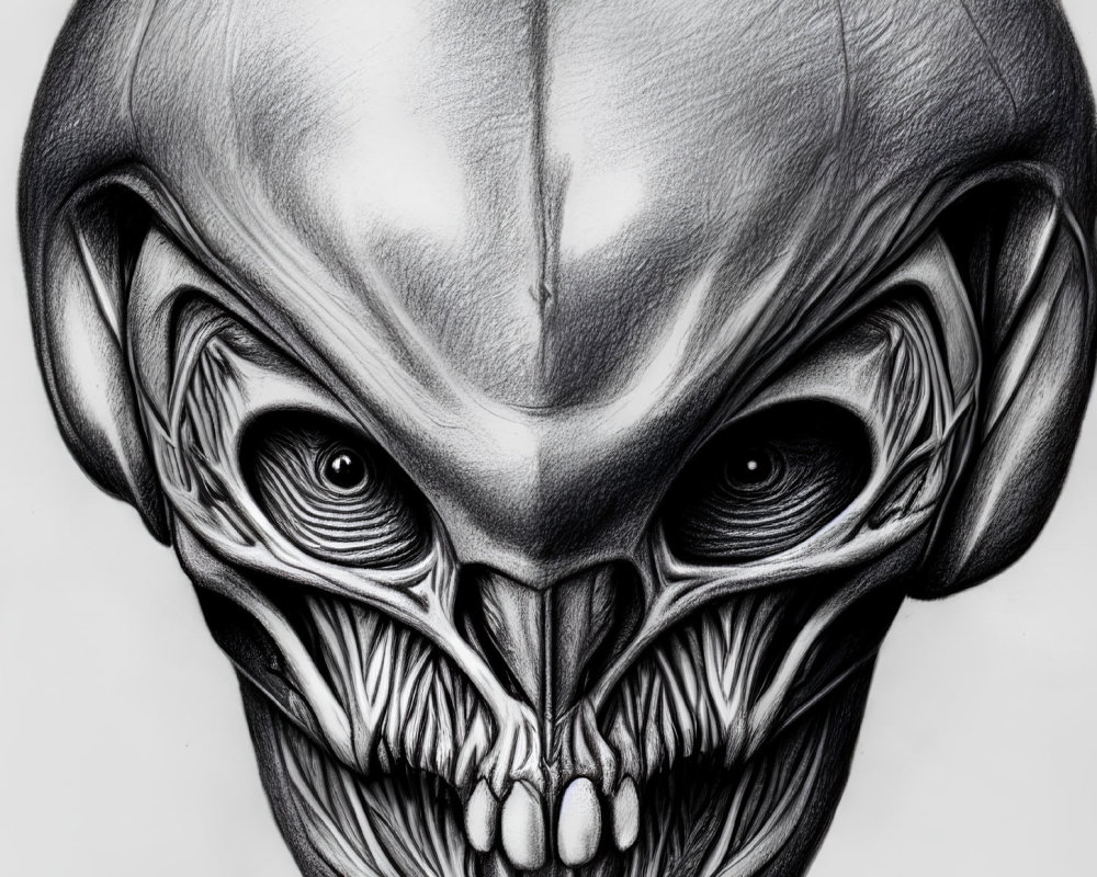 Detailed pencil drawing of alien-like skull with dark eye sockets and intricate textures, featuring a sinister look