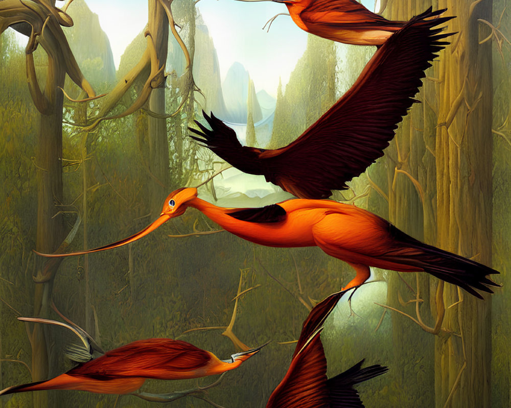 Vibrant orange birds with long beaks flying in green forest