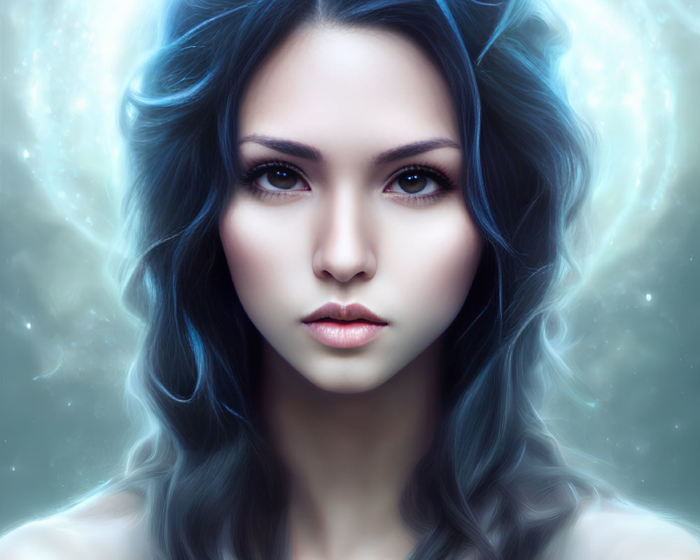 Striking woman with blue hair in mystical cosmic setting
