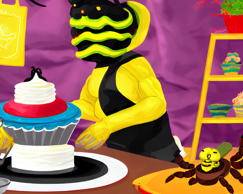 Cartoon bee chef decorating giant cupcake with happy bee and desserts in background