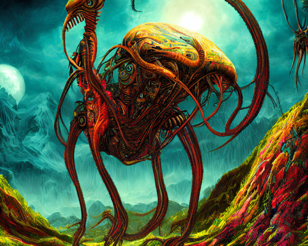 Biomechanical creature in surreal alien landscape with two moons