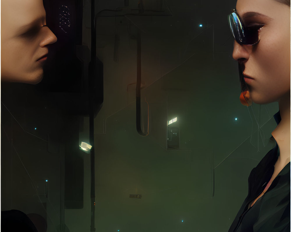 Woman in sunglasses meets humanoid in futuristic neon-lit scene