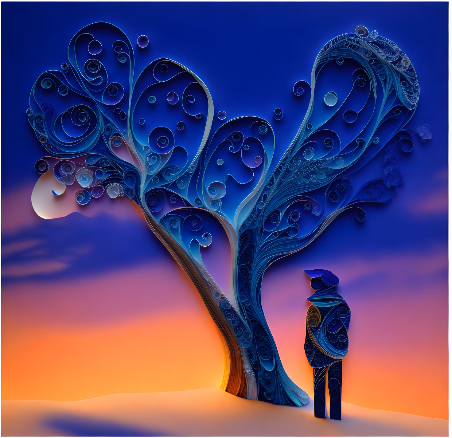 Figure standing before stylized tree under crescent moon in swirling sky