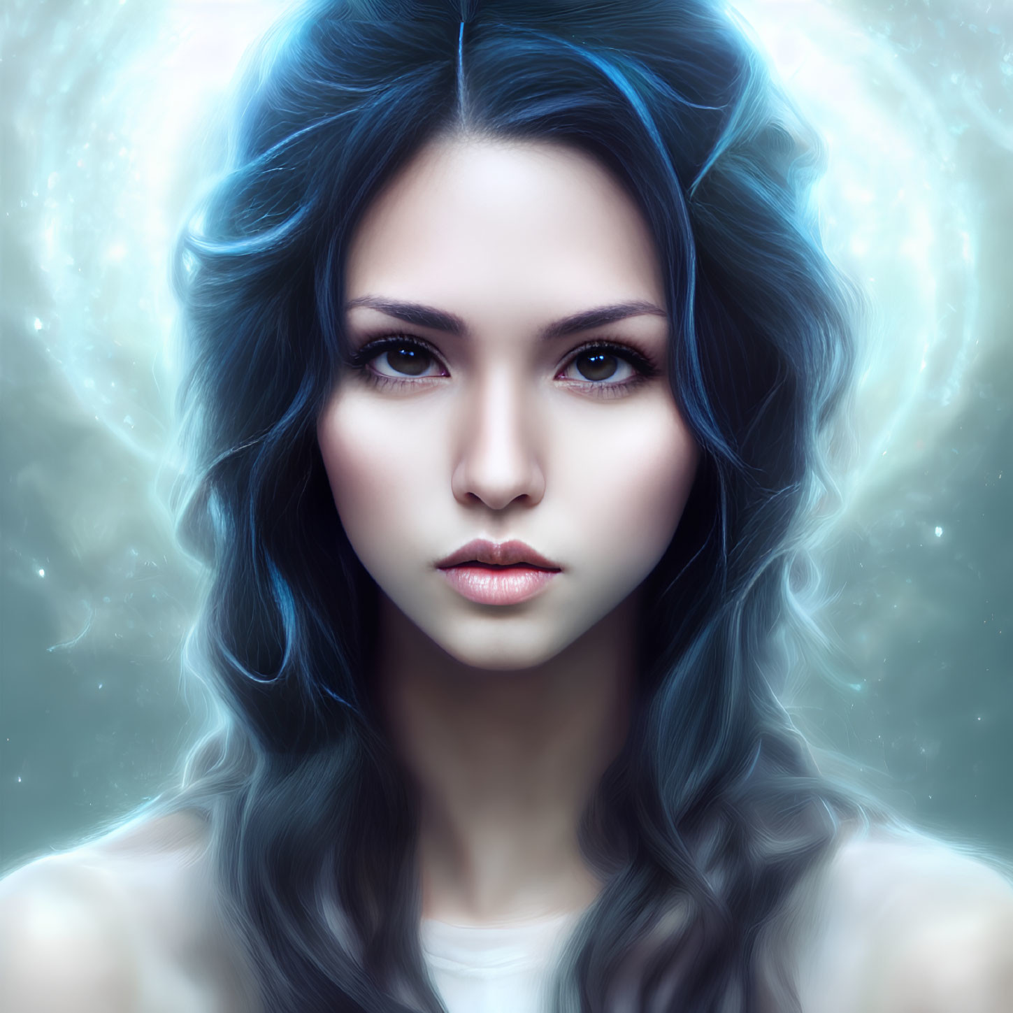 Striking woman with blue hair in mystical cosmic setting