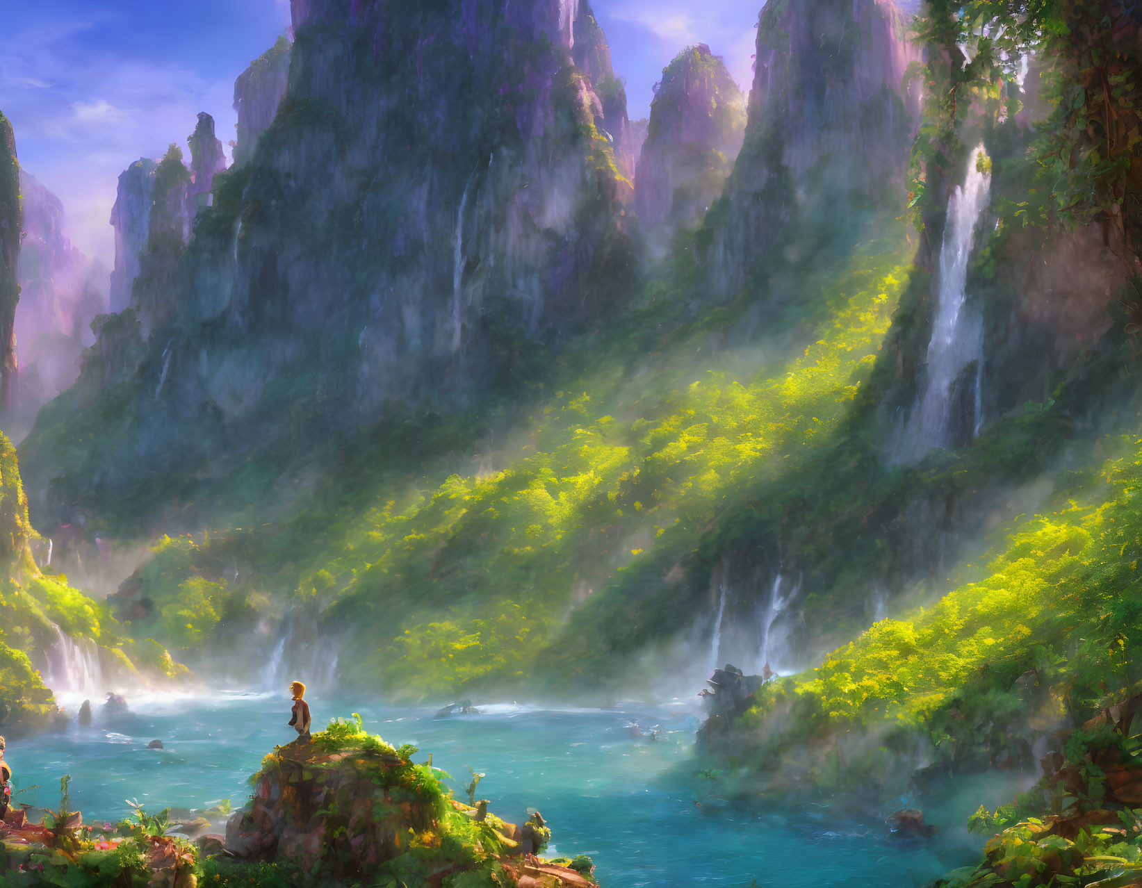 Tranquil landscape with waterfalls, greenery, misty waters, and solitary figure.