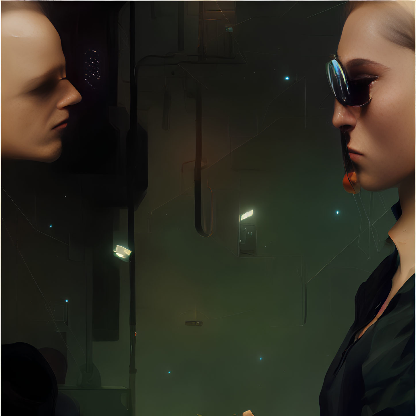 Woman in sunglasses meets humanoid in futuristic neon-lit scene