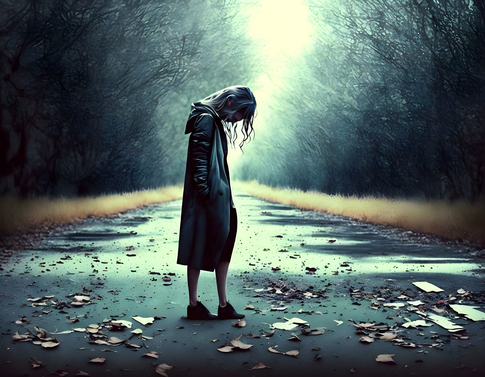 Melancholic artwork of girl on deserted road amid scattered leaves