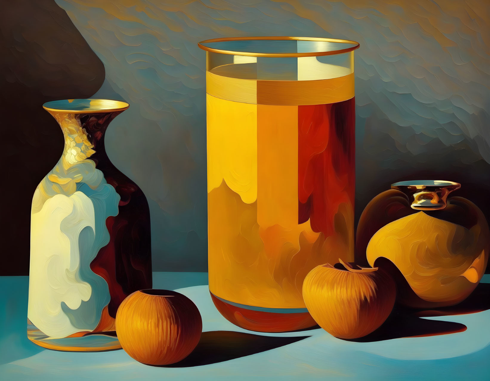 Stylized still life painting with white vase, glass of orange liquid, pot, and oranges on