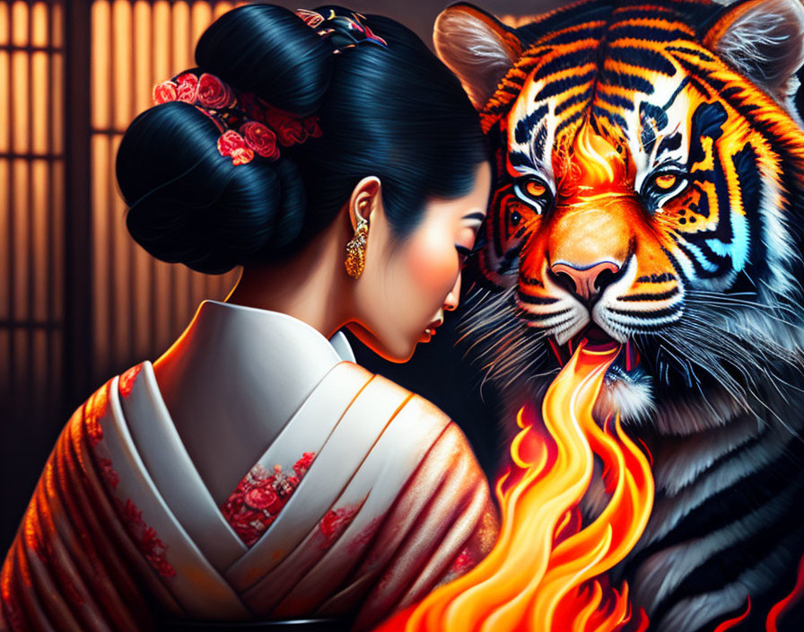 Woman in traditional kimono confronts fiery tiger in unique blend.