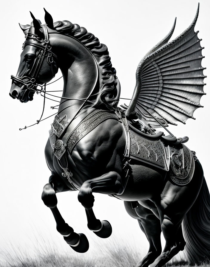 Majestic black horse with bat-like wings and intricate tack on white background