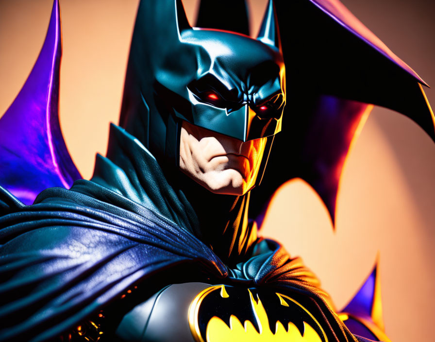 Detailed Batman costume close-up with cowl, cape, and bat symbol.