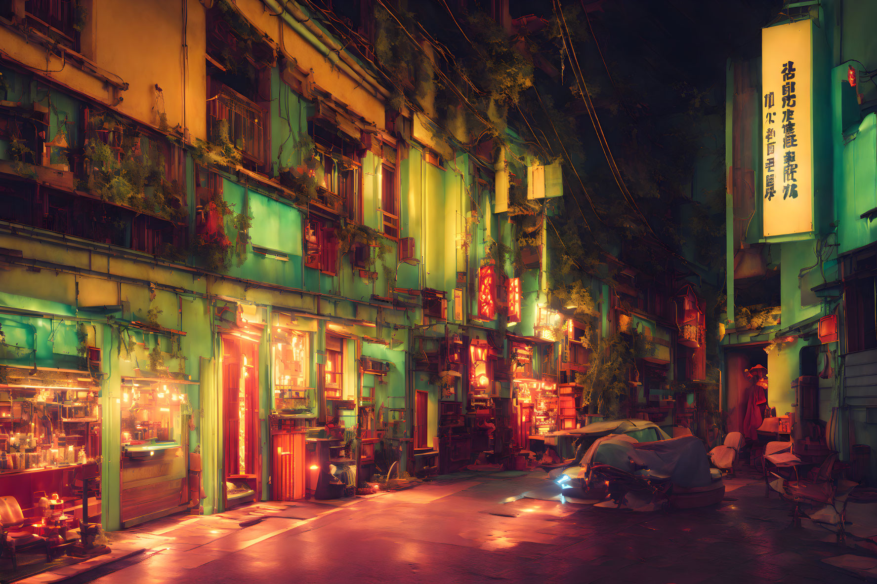 Night scene of vibrant street with neon signs and traditional architecture