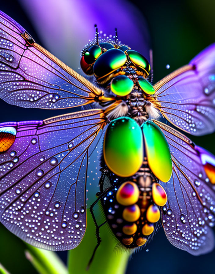 Detailed Close-Up of Dragonfly with Iridescent Eyes and Dewdrops on Wings