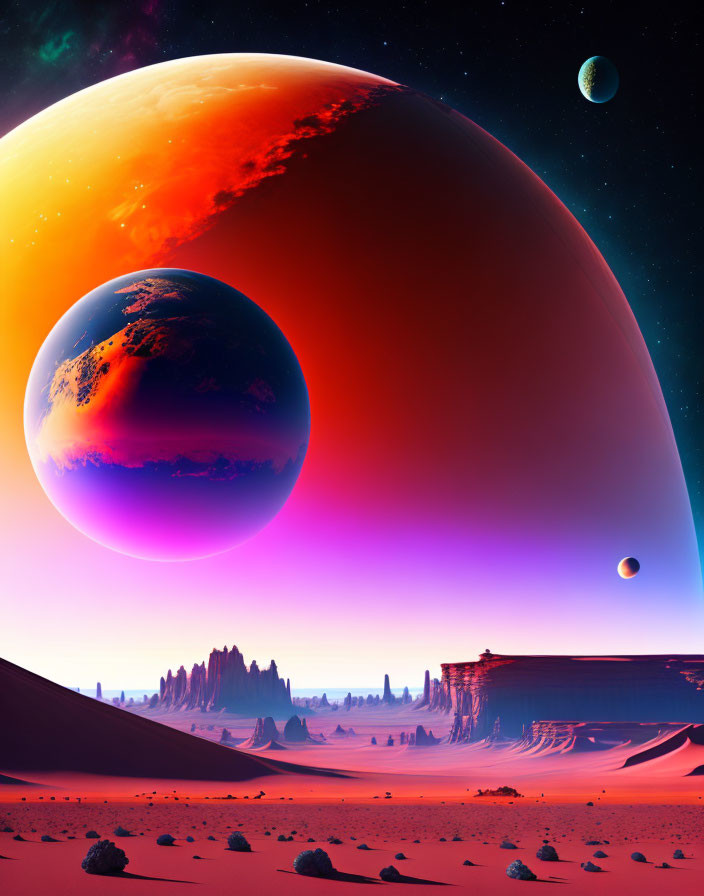 Colorful planets and alien rock formations in vivid sci-fi desert landscape