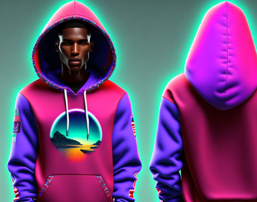 Stylized 3D characters in colorful hoodies with neon accents