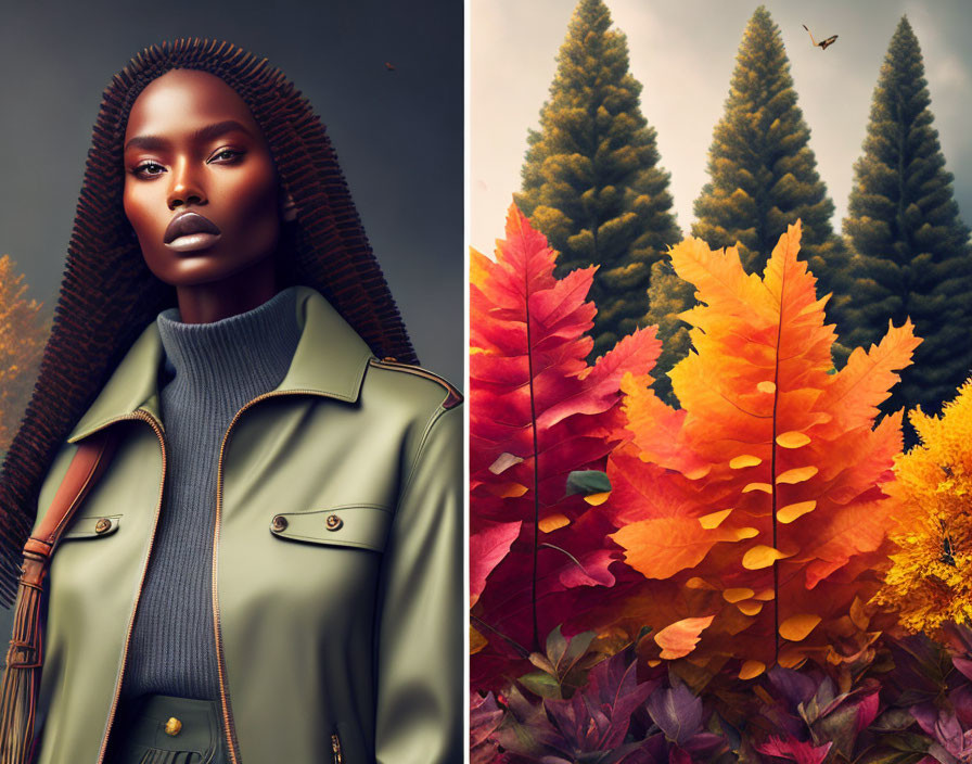 Digital Artwork: Woman in Stylish Coat in Autumn Scene