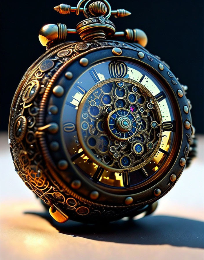 Steampunk-style spherical watch with metallic gears and jewel accents