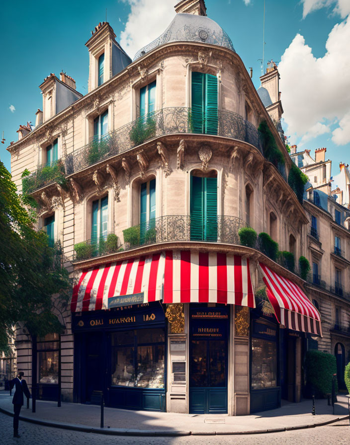 City corner building with striped awning, blue shutters, balcony greenery.