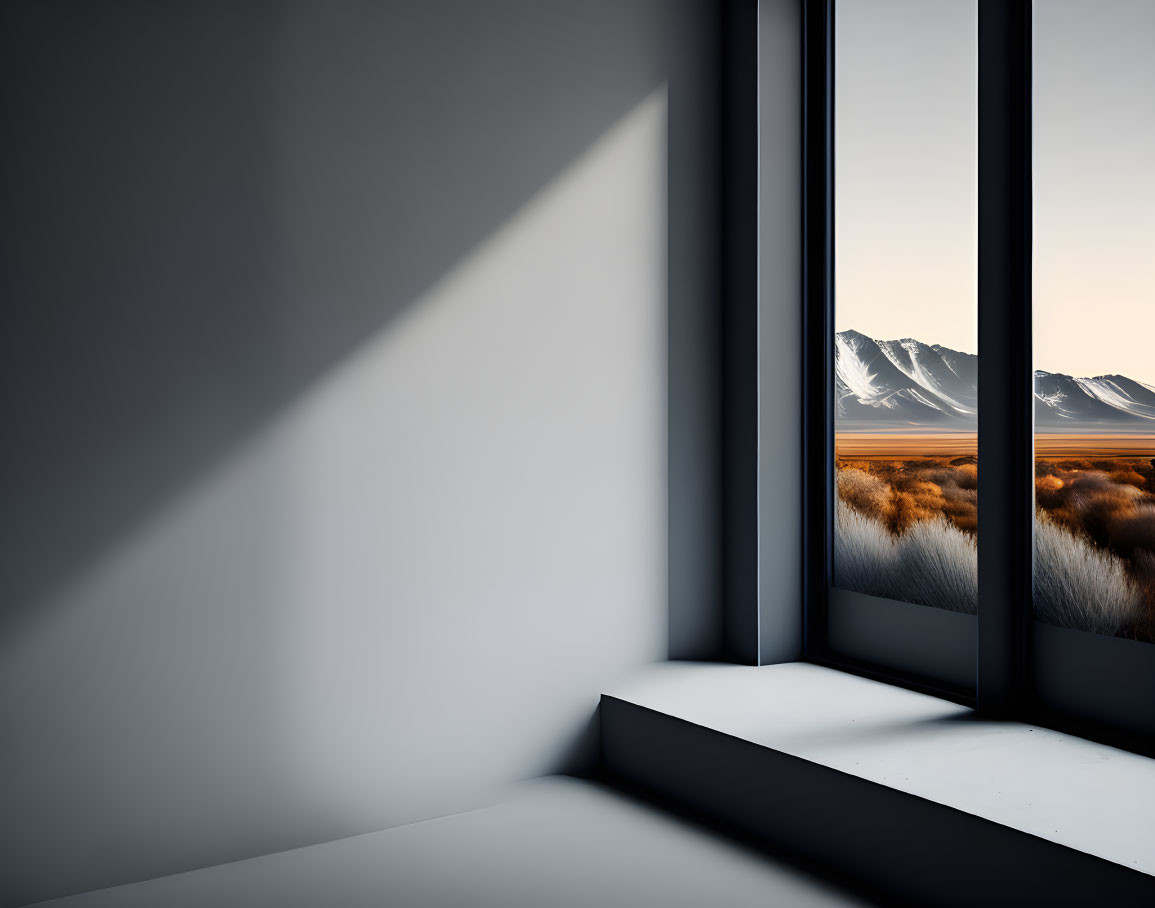 Minimalist interior with large windows and desert landscape view