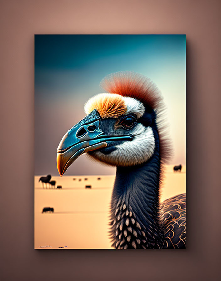 Colorful bird with stylized beak and feather pattern in nature scene