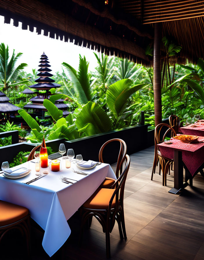 Outdoor Dining Setting with Tropical Plants and Multi-Tiered Roof