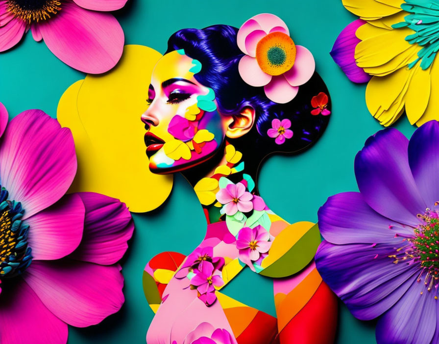 Colorful Floral Graphics Overlay Woman Portrait Teal Background