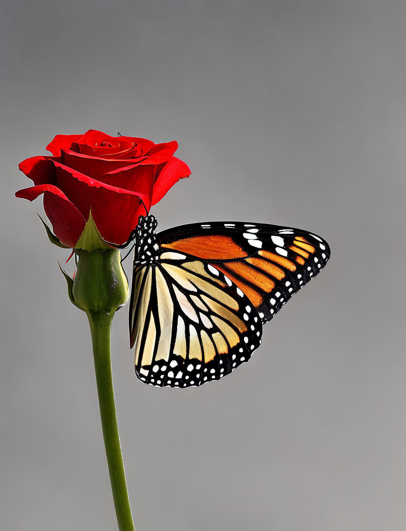 Monarch butterfly on red rose petal with gray background