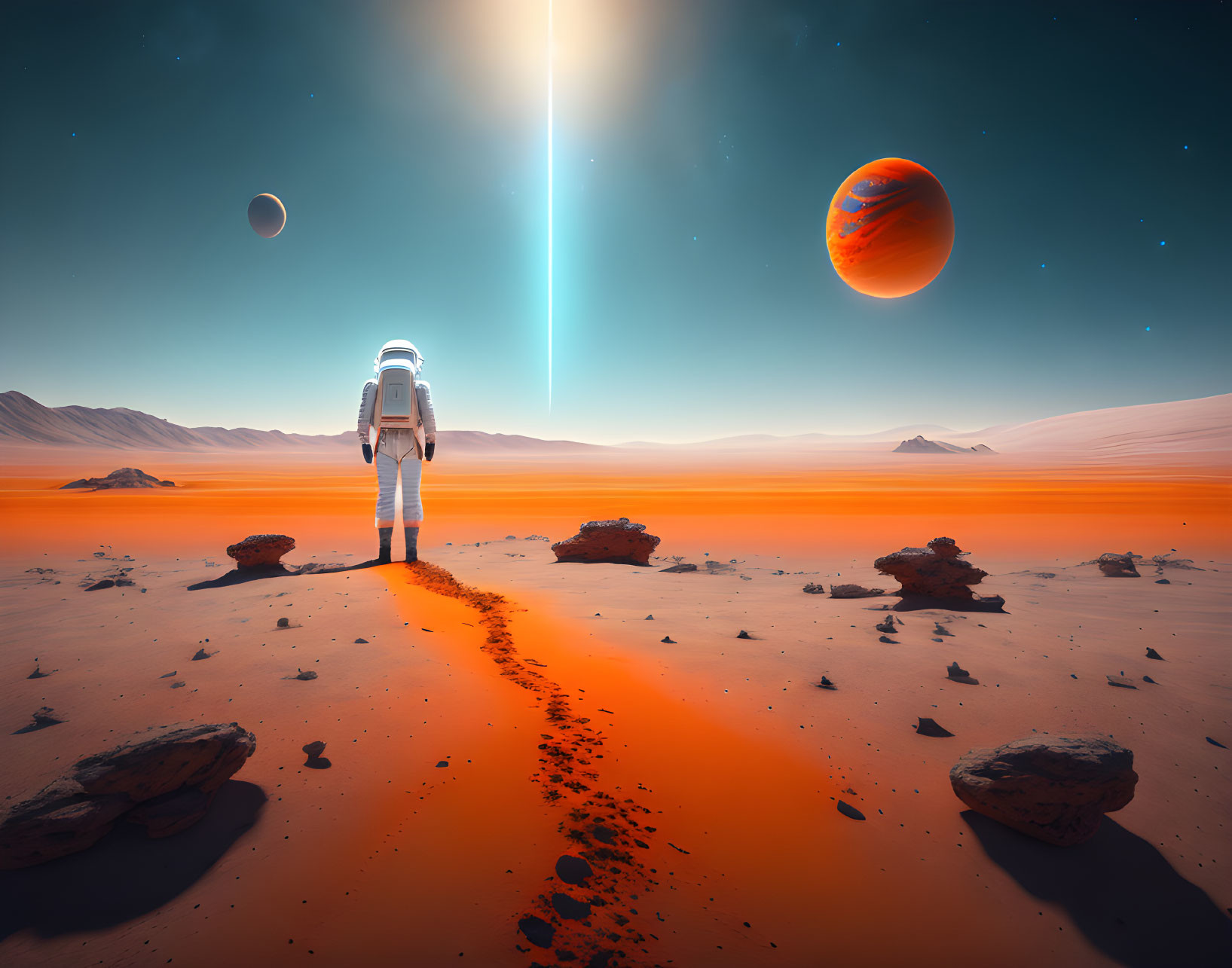 Astronaut on Orange Martian Landscape with Red Planet and Moon