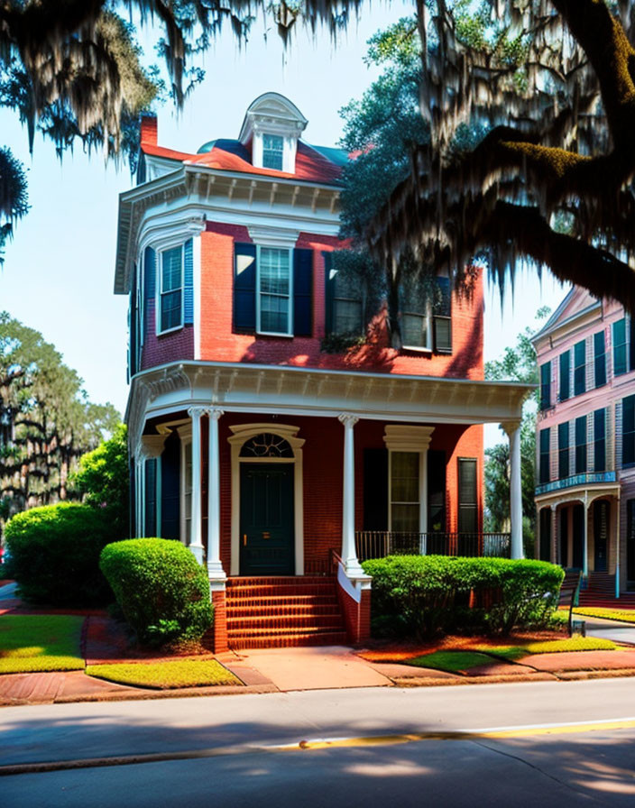 Traditional red two-story house with white trim, cupola, front porch, columns, green lawn,