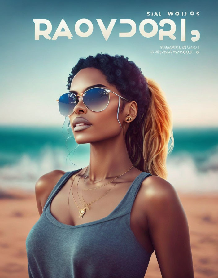 Woman with sunglasses and hoop earrings on beach with reflected word "RAEVODROI