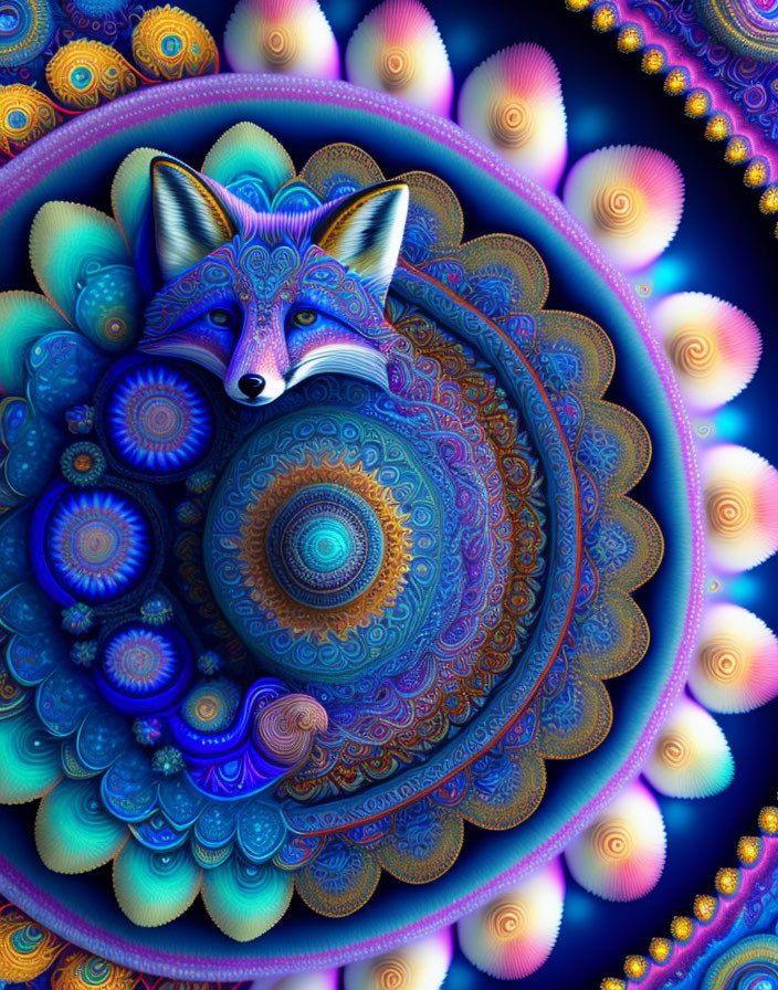 Colorful Fractal Mandala Patterns with Fox Face on Deep Blue Background