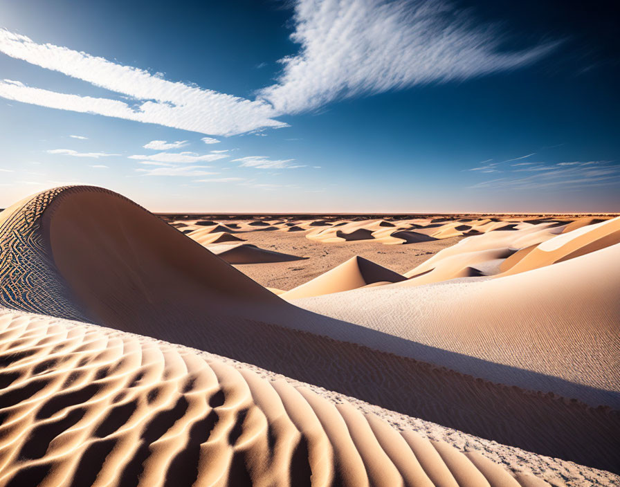 Scenic desert landscape with rolling sand dunes under blue sky