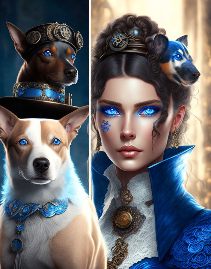 Woman with Blue Eyes in Steampunk Attire with Two Matching Dogs