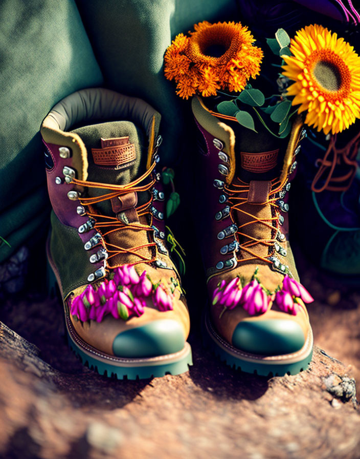 Colorful Sunflowers and Pink Blossoms in Hiking Boots on Rocky Background