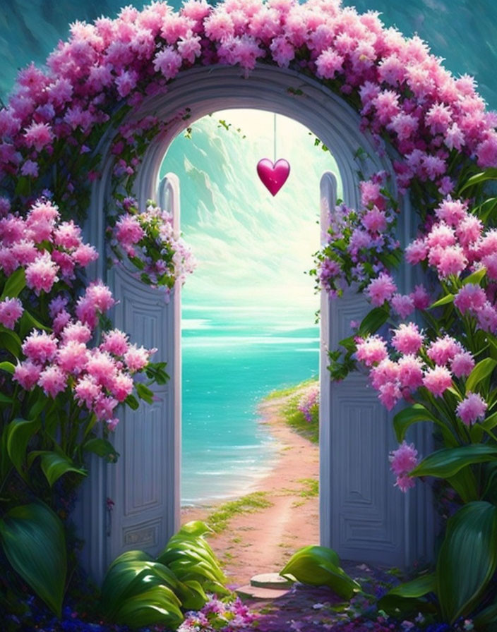 Pink Flower Adorned Doorway to Beach with Suspended Heart Ornament