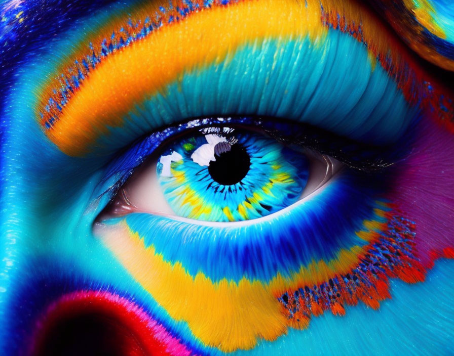 Vibrant Close-Up: Multicolored Eye Makeup in Blue, Yellow, and Orange