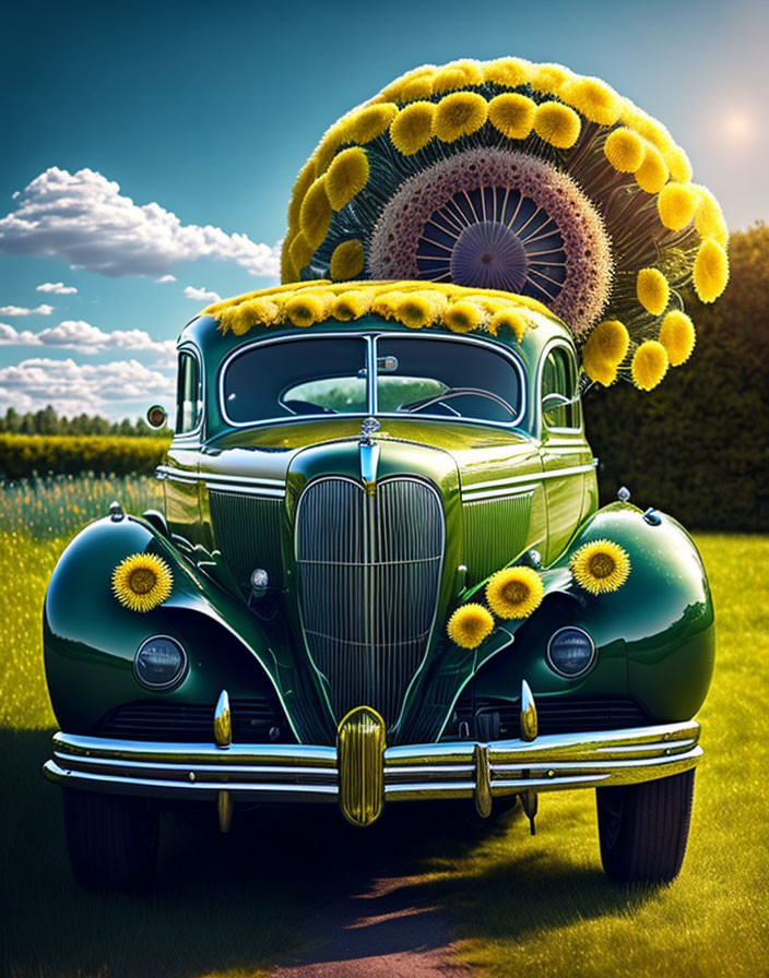 Vintage Green Car with Oversized Sunflowers in Vibrant Field