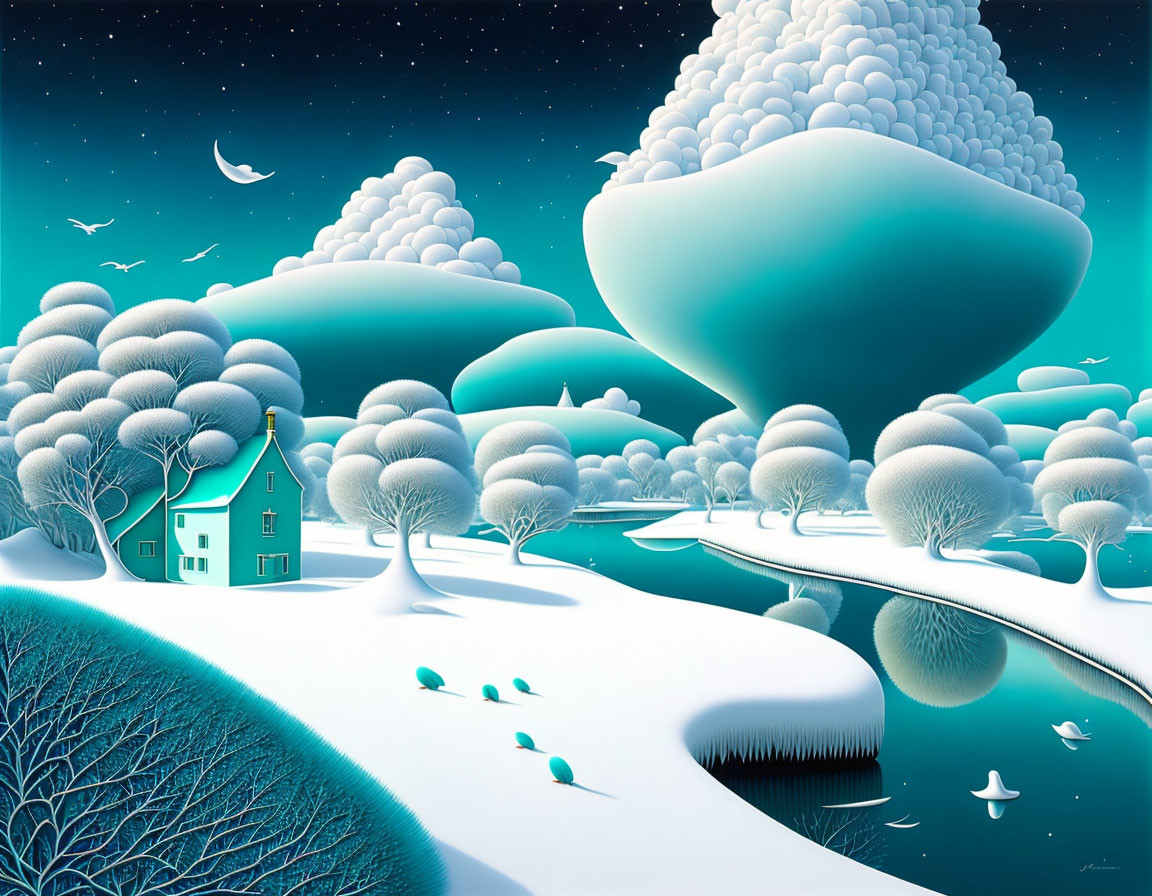 Surreal winter night scene with snow-covered landscape and vibrant sky