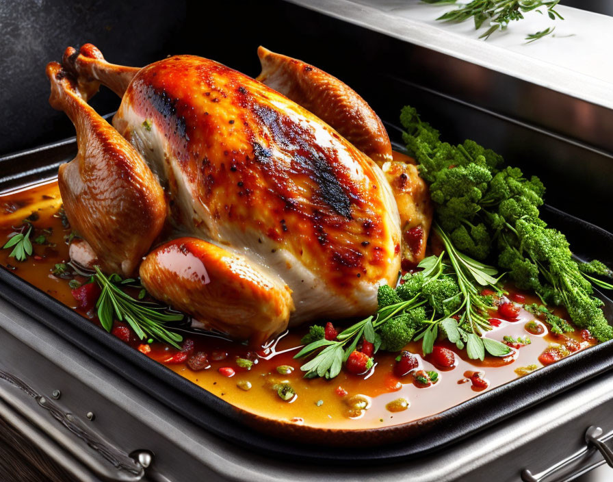 Golden-brown Roasted Chicken with Fresh Herbs and Broccoli in Roasting Tray