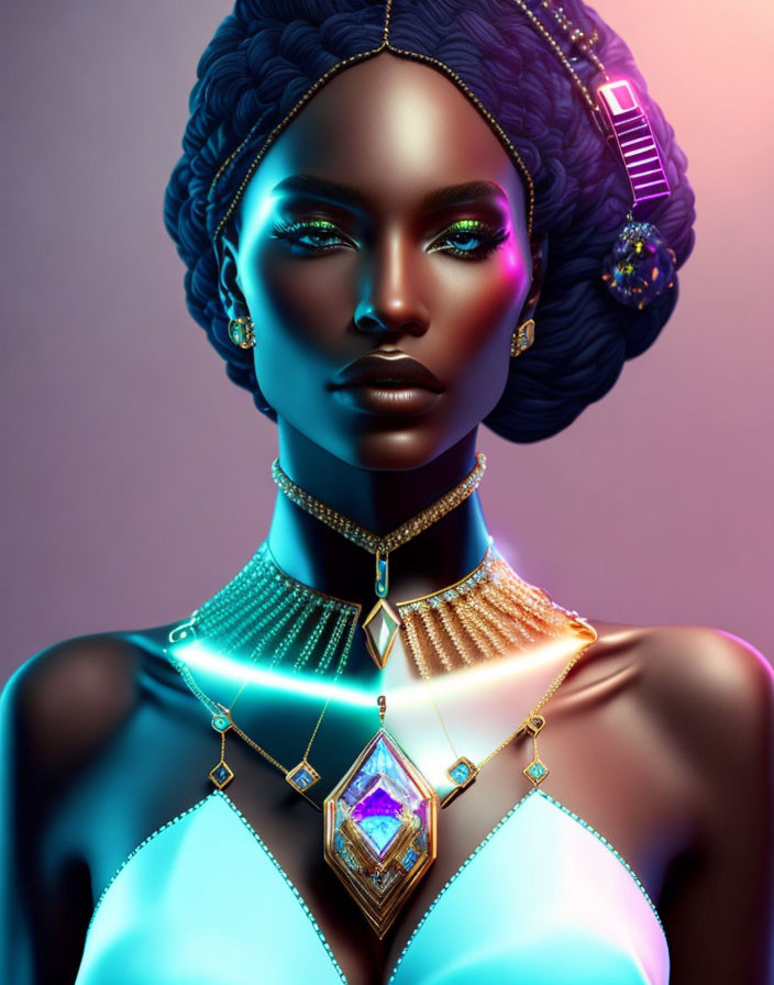 Digital artwork: Woman with blue makeup & gold jewelry on purple backdrop