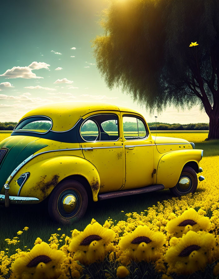 Classic Yellow Car in Yellow Flower Field with Tree and Butterfly