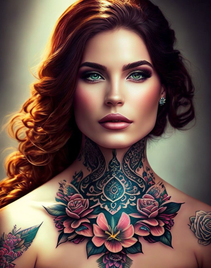 Stylized portrait of a woman with red hair, green eyes, and floral neck tattoos