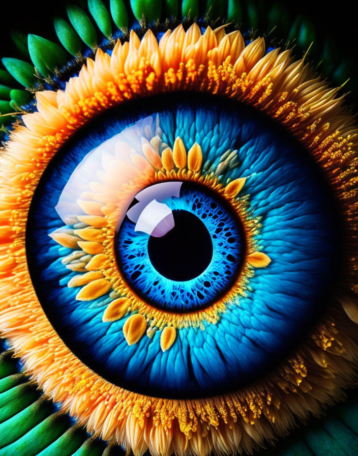 Detailed Close-Up of Human Eye with Blue Iris and Floral-Like Surroundings