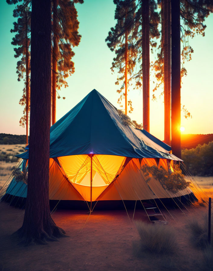 Sunlit tent in forest at sunset with glowing warmth