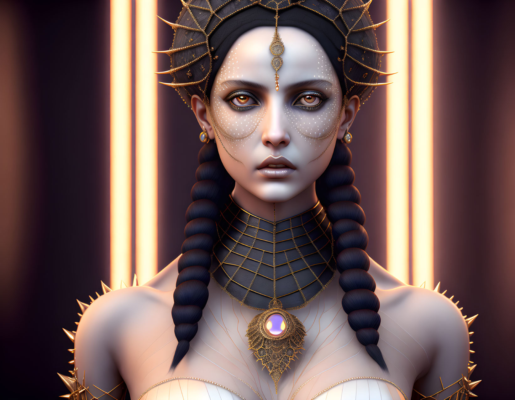 Celestial-themed digital portrait with golden headwear, jewelry, and braided hair on dark backdrop.