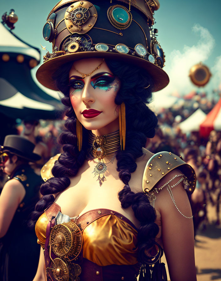 Elaborate steampunk attire with cogs and gears on a woman at festival