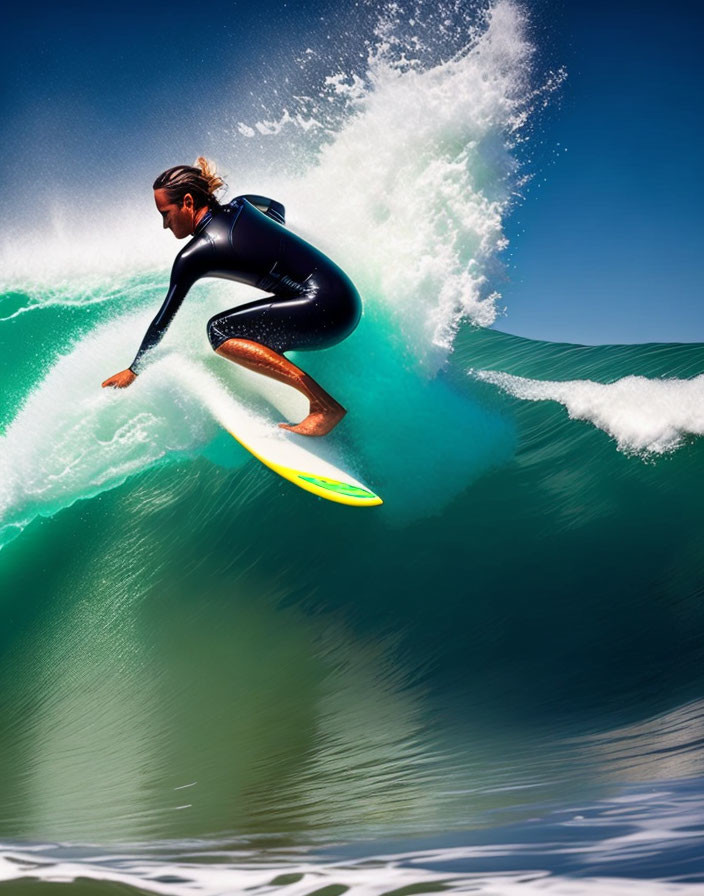 Surfer in wetsuit on yellow surfboard with blue sky