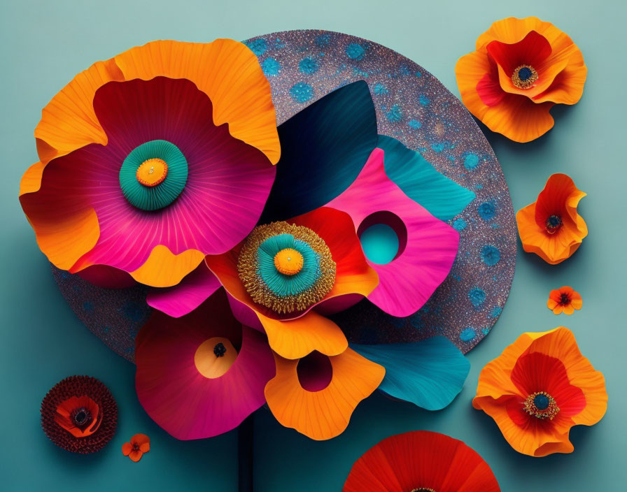 Colorful Paper Crafted Flowers on Teal Background with Intricate Design